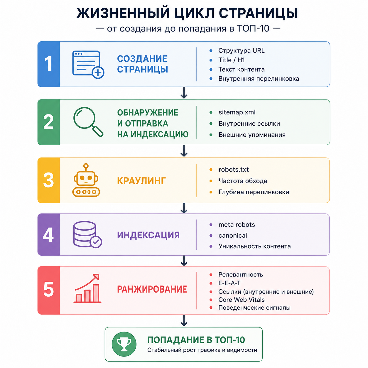 Полный список вопросов SEO-специалисту на собеседовании в 2026: от Junior до Senior 3 Жизненный цикл страницы — от создания до попадания в ТОП-10. Блок-схема с 5 этапами: 1) Создание страницы (структура URL, Title/H1, текст, внутренняя перелинковка); 2) Обнаружение и отправка на индексацию (sitemap.xml, внутренние ссылки, внешние упоминания); 3) Краулинг (robots.txt, частота обхода, глубина перелинковки); 4) Индексация (meta robots, canonical, уникальность контента); 5) Ранжирование (релевантность, E-E-A-T, ссылки, Core Web Vitals, поведенческие сигналы). Стиль: минималистичный, с цветовым разделением этапов