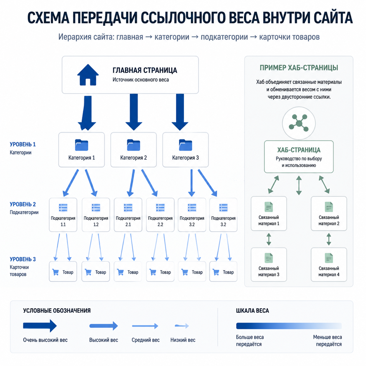 Как создать правильную структуру сайта для SEO продвижения: пошаговый гайд 5 Схема передачи ссылочного веса внутри сайта. Показать: главная страница → категории → подкатегории → карточки товаров. Стрелки разной толщины показывают объём передаваемого веса. Отдельным блоком — пример хаб-страницы с двусторонними ссылками к связанным материалам. Стиль: минималистичный, деловой, с цветовой шкалой веса